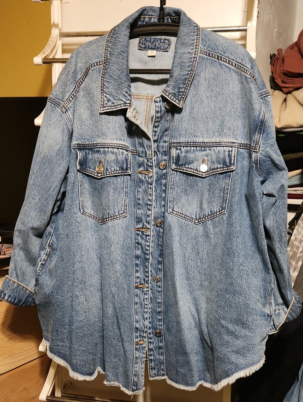 Maurices Light Blue Denim Shacket Jacket with Frayed Hem Plus Size 2x